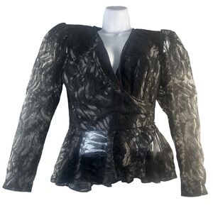 Vintage TD4 by Eletra Black Lace Peplum Top Puff Shoulder Wrap V-Neck Size 9 New